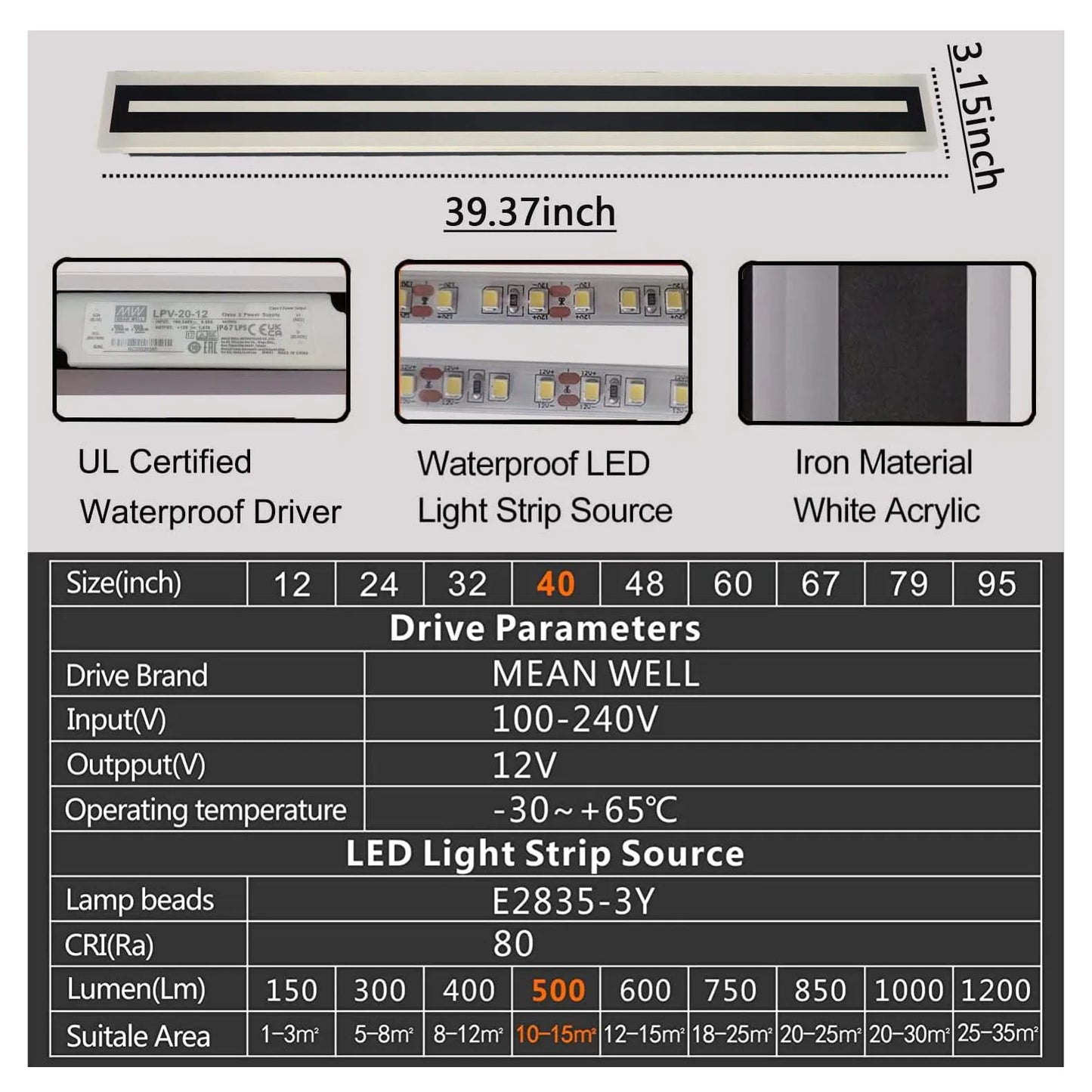 Outdoor Long Strip Modern LED Wall Lighting Fixture Lamps,Wall Sconce Fixture Wall lamp Elegant Frosted White Acrylic IP67 Anti