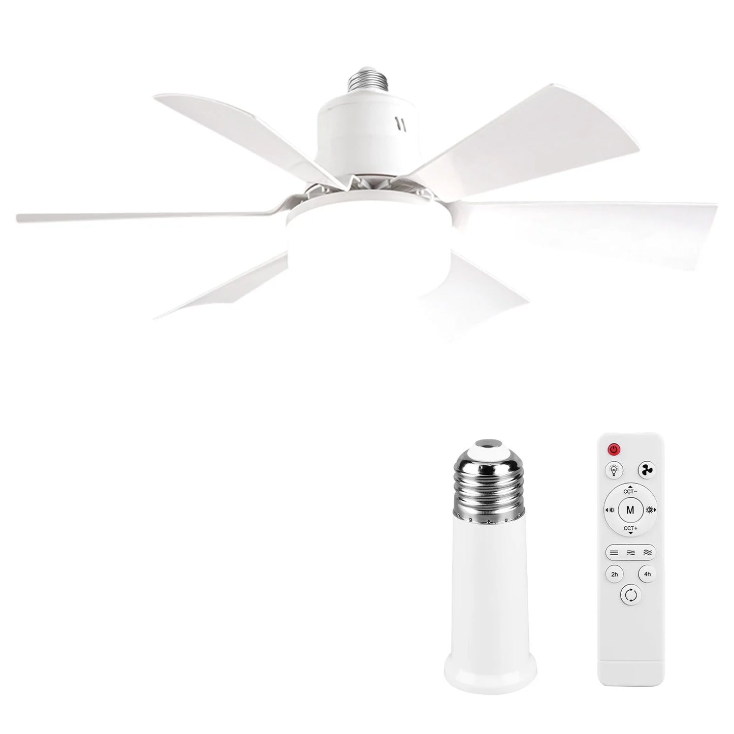 Socket Fan Light 3 Speeds Dimmable Screw in Ceiling Fan in Light Socket with Extender & 6 Blades Ceiling Fan with Light