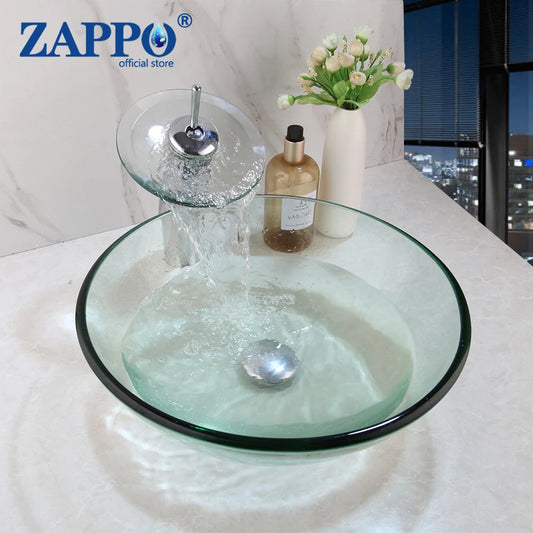ZAPPO Round Bathroom Vessel Sinks 17 inch Tempered Glass Vessel Sink Clear Green Bathroom Sink Waterfall Bathroom Faucet Combo