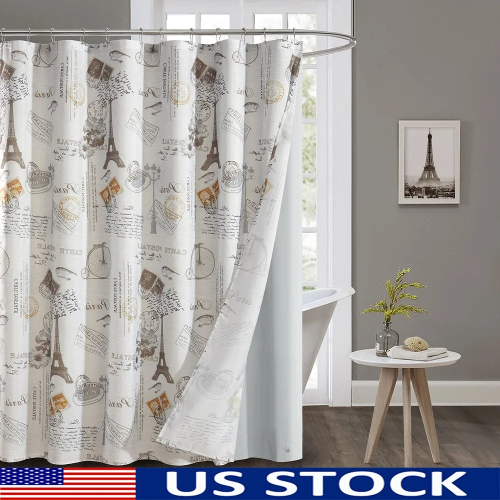 Contemporary Gray Geometric Polyester Shower Curtain Set 14 Piece with Liner and Metal Hooks Machine Washable Durable Design