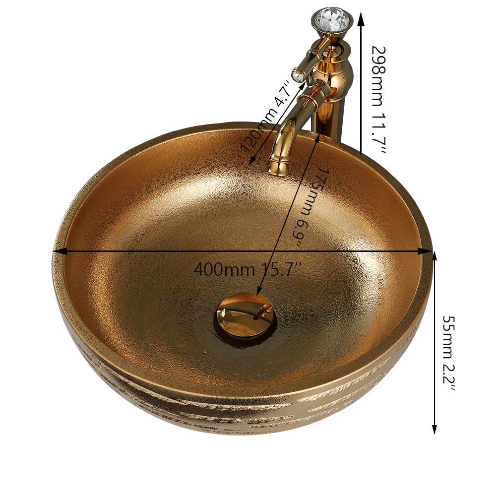 Torayvino Gold Round Bathroom Ceramic Lavatory Set Bath Mixer Washbasin Vessel Sink 360 Swivel Faucets W/ Pop-up Drain Combo Kit