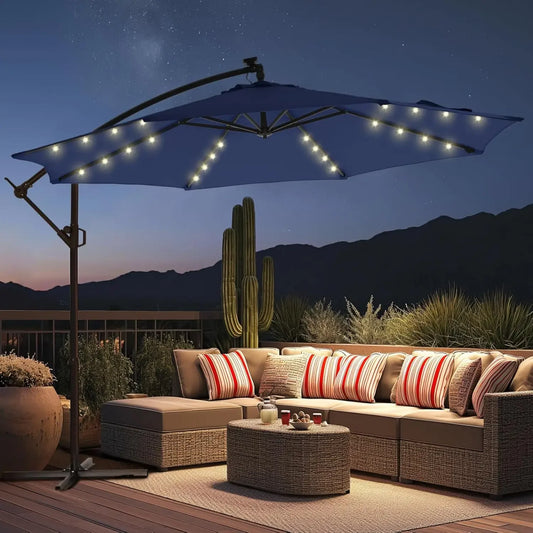 10ft Solar Lights Offset Cantilever Patio Umbrella - with Light, LED Hanging Patio Outdoor Market Umbrella UPF50+ UV (Navy Blue)