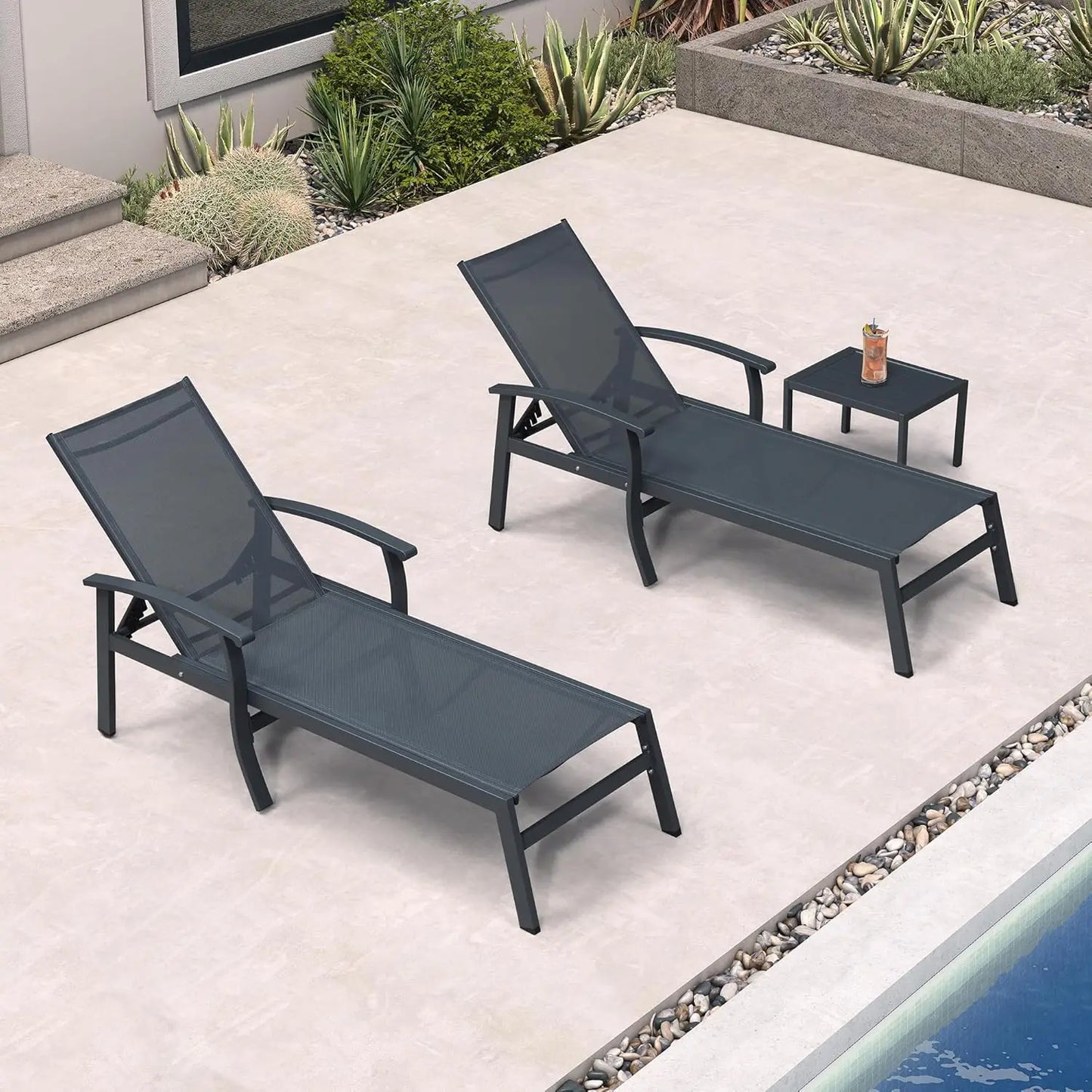 Outdoor Poolside Lounge Chairs Set of 2 with Adjustable Positions, Armrests, and Side Tables - Aluminum Patio Furniture