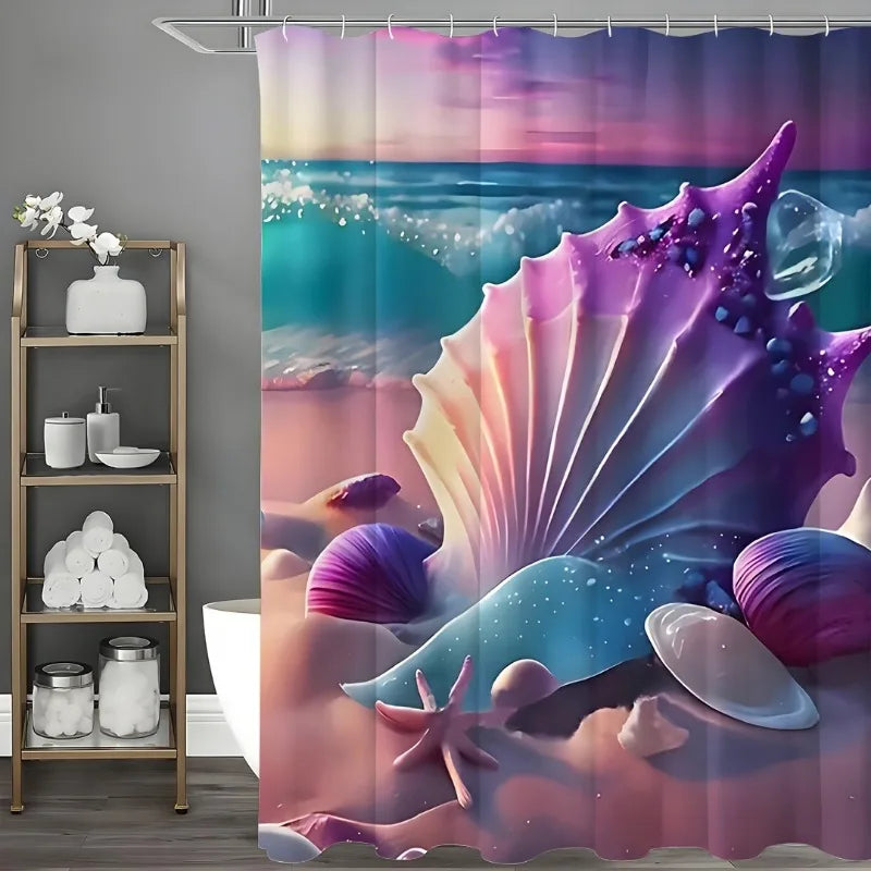 1PC Nautical Ocean Bathroom Set: Water-Resistant Curtain with Hooks, Effortless Style & Maintenance