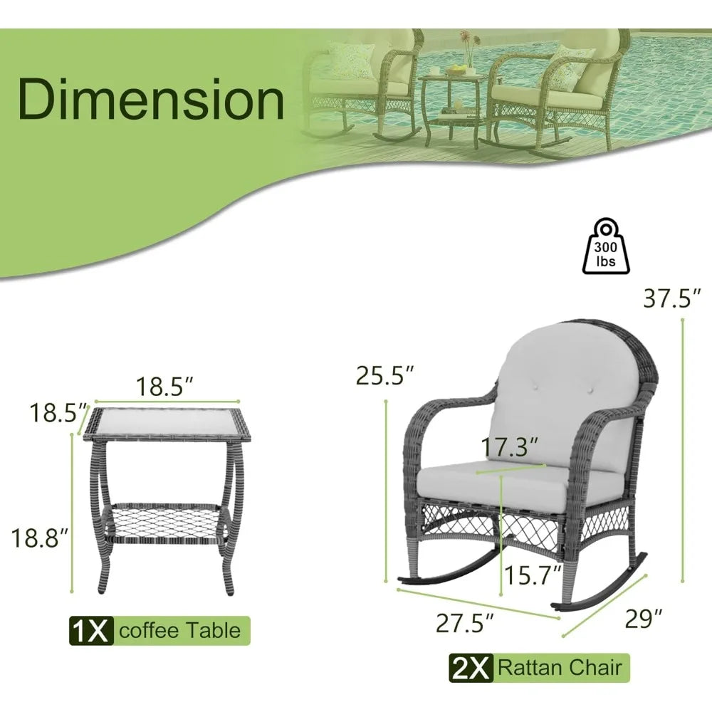 3 Pieces Patio Conversation Set, Lounge Rocking Chair with Cushion and Coffee Table, Wicker Bistro Set, Outdoor Furniture for Po