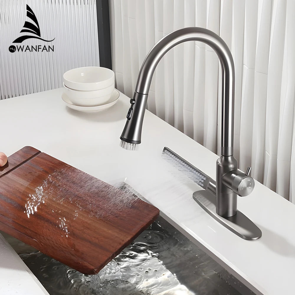 Modern Minimalist Black Kitchen Faucets Multifunctional Pull Out Tap Single Hole Handle Grey 360° Swivel Water Mixer Tap 0366