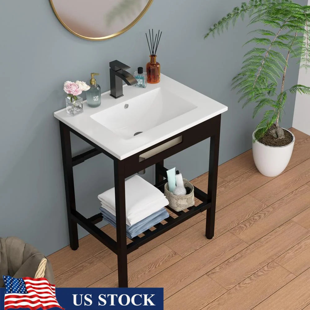 Bathroom Vanity Ceramic Console Sink Set Freestanding Pedestal Bracket Drain Kit White/fwlink Tap Shelf Towel Rack Console Area