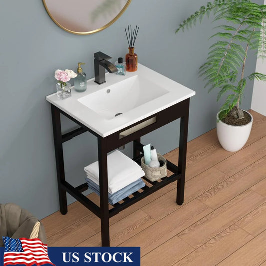Bathroom Vanity Ceramic Console Sink Set Freestanding Pedestal Bracket Drain Kit White/fwlink Tap Shelf Towel Rack Console Area