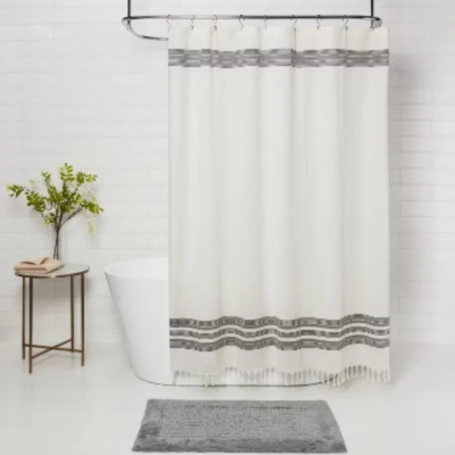 Striped Tassel Shower Curtain (Off-White) - Cotton Fabric, Modern Bathroom Decor, Buttonhole Top