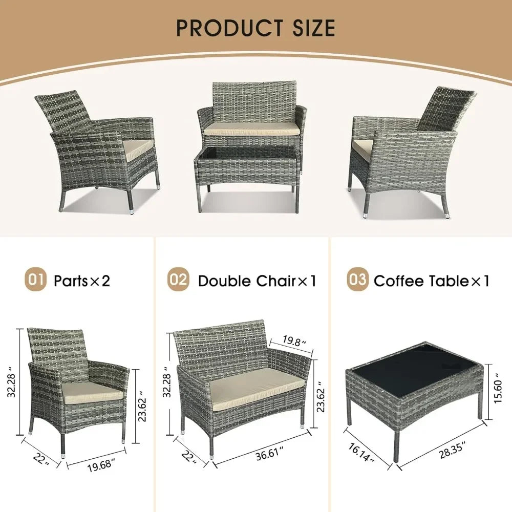4 Piece Patio Furniture Set, Wicker Sectional Sofa with Armchair, Loveseat & Side Table – Outdoor Use