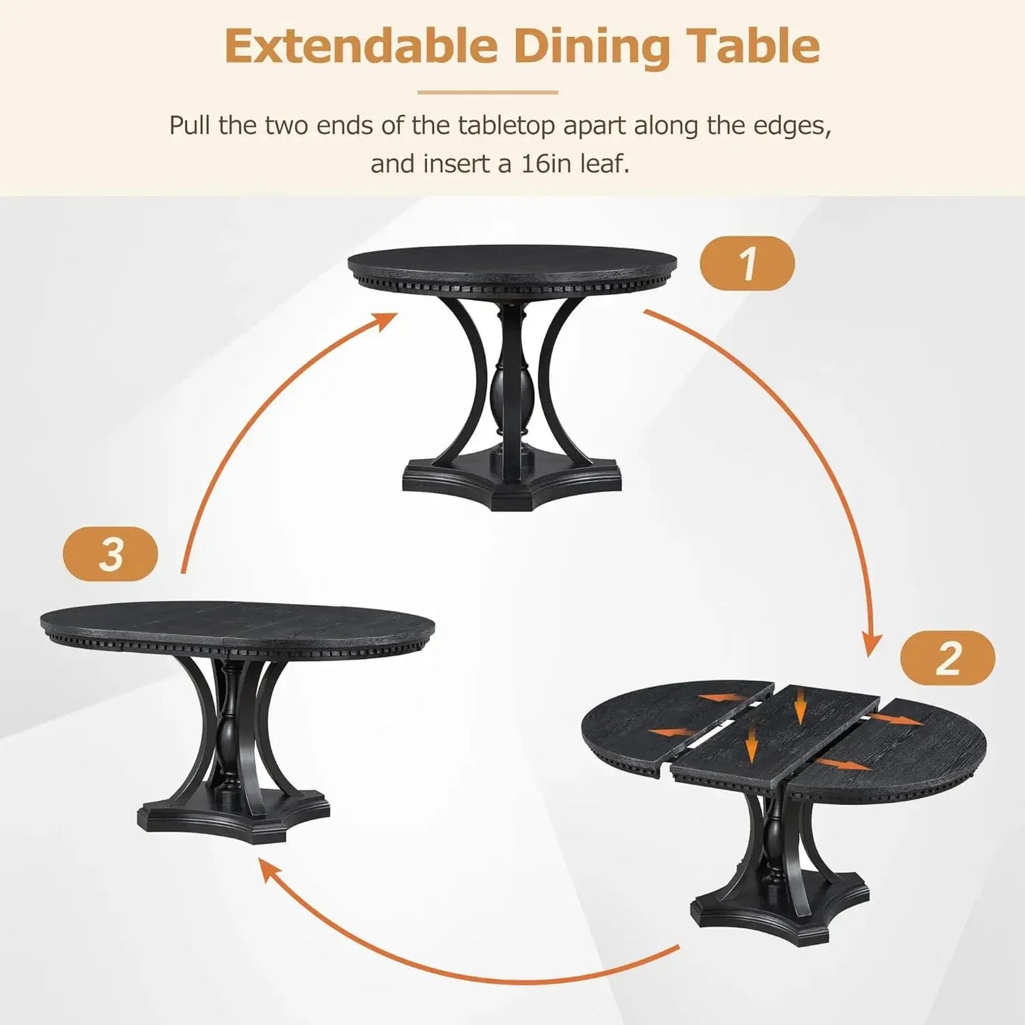 Dining Table Set for 4, Farmhouse Kitchen Table Set with 1 Extendable Round Table and 4 Upholstered Dining Chairs, Wooden