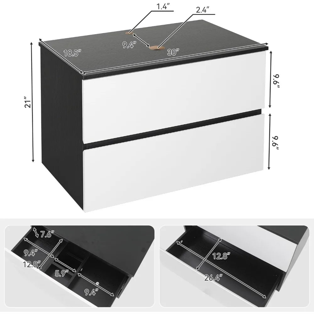 30-Inch Black and White Wall Mounted Bathroom Vanity Cabinet with 2 Drawers and Silver Boat Glass Sink