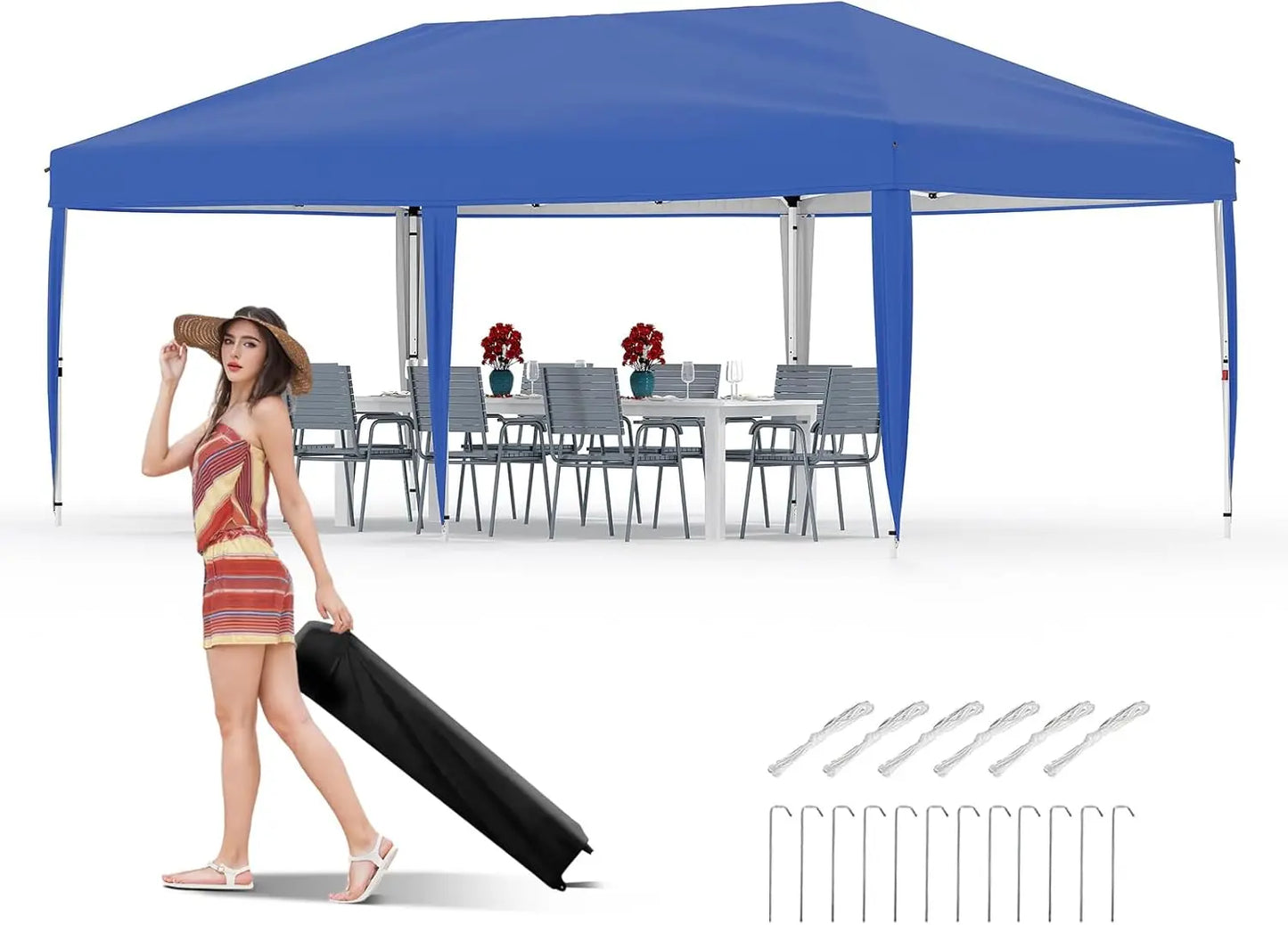 10x20FT Pop Up Canopy - Easy Up Camping Tent with One Roller Bag, 3 Adjustable Height, 4 Weight Bags for Deck Garden Beach