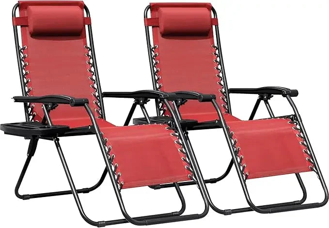 Zero Gravity Chairs Set of 2 Adjustable Steel Mesh Recliners Beach Deck Lawn Camping Patio Foldable Lounge Chair with Cup Holder