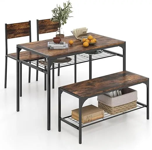 Dining Table Set for 4, Kitchen Table with Bench and Chairs, Industrial Gathering Bench Dining Set W/Metal Frame & Storage Rack
