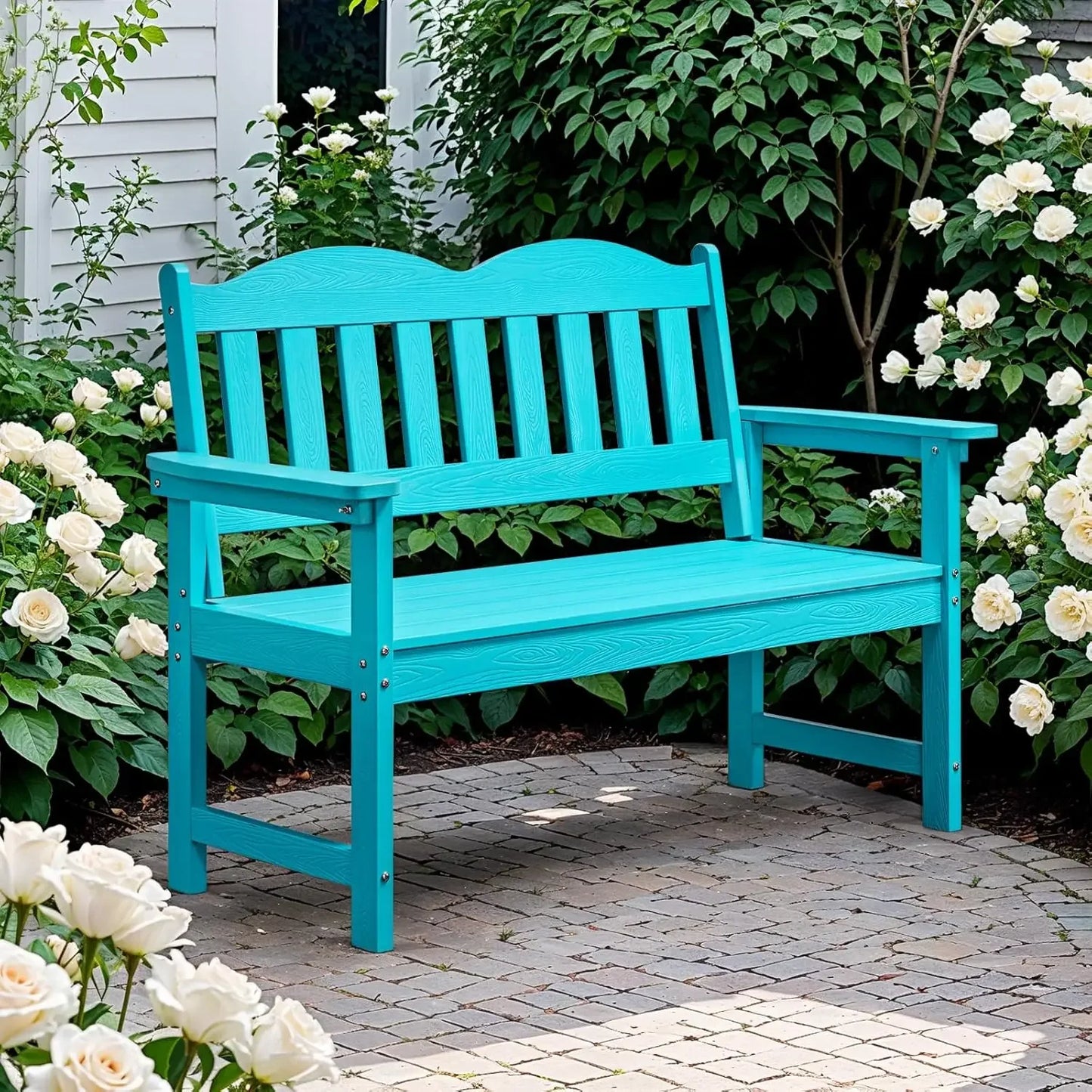 2-Person Poly Lumber Garden Bench with 800 lbs Weight Capacity, All-Weather Patio Bench with Armrests and Backrest