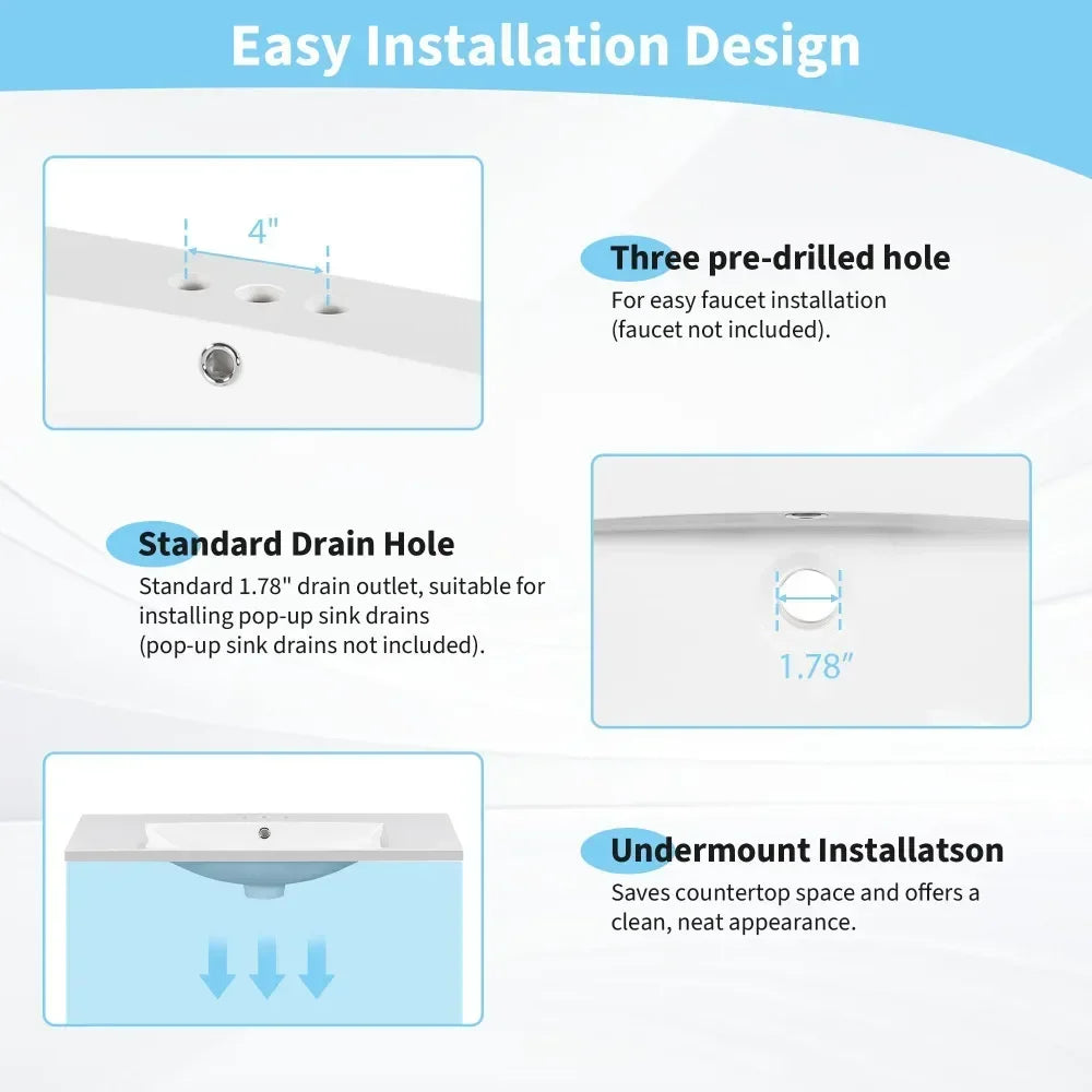 [Sink Only] 36x18" Rectangular 3 Hole Bathroom Resin Sink, Vanity Top ，Sink Only, Fits 4" Center Faucet,24x18 Inch,30x18"