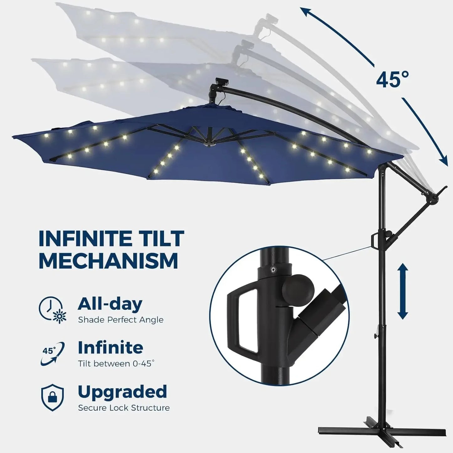 10ft Solar Lights Offset Cantilever Patio Umbrella - with Light, LED Hanging Patio Outdoor Market Umbrella UPF50+ UV (Navy Blue)