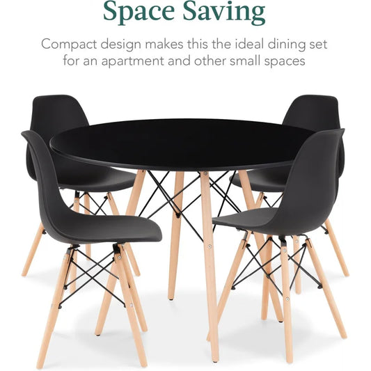 5-Piece Dining Set, Compact Mid-Century Modern Table & Chair Set for Home, Apartment w/ 4 Chairs, Plastic Seats, Wooden Legs