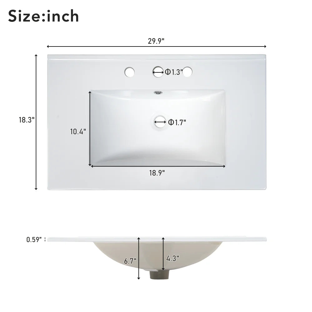 [Sink Only] 36x18" Rectangular 3 Hole Bathroom Resin Sink, Vanity Top ，Sink Only, Fits 4" Center Faucet,24x18 Inch,30x18"