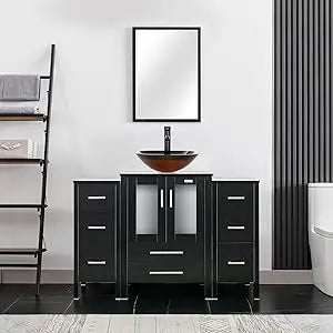 48" Modern Bathroom Vanity Sink Combo Black W/Small Side Cabinets Clear Boat Glass Vessel Sink & Water Save Faucet & Pop Up Dra