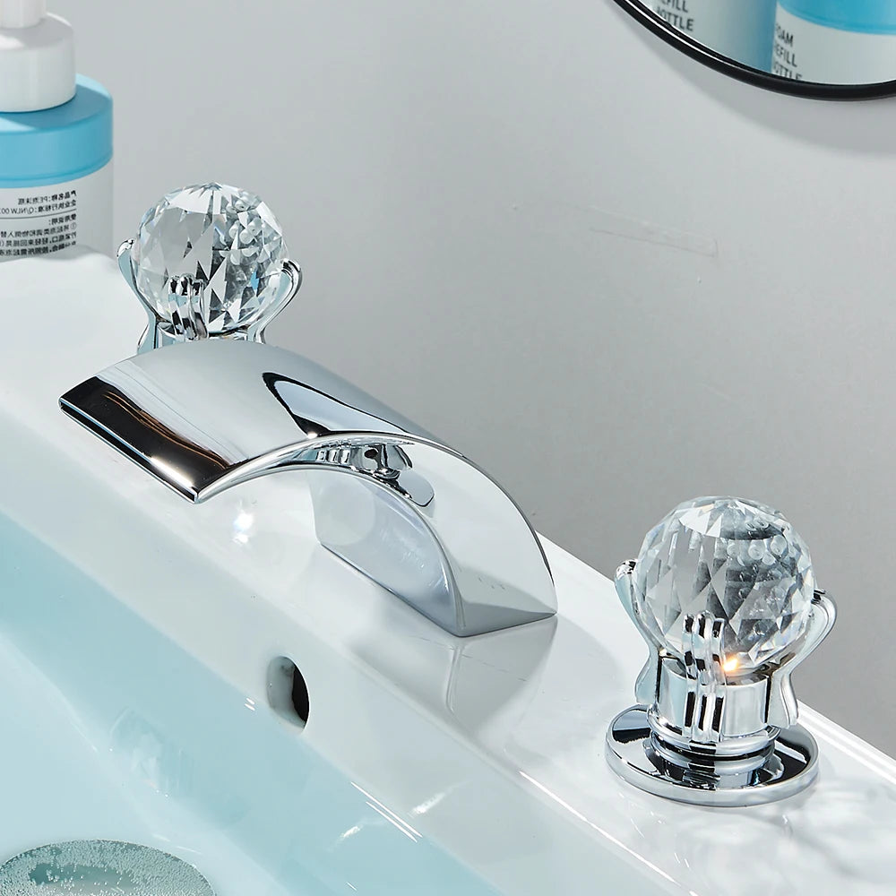 LED Widespread Bathroom Faucet Waterfall Gold Polished Lavatory Faucets Basin Mixer Tap 2 Crystal Knobs 3 Holes