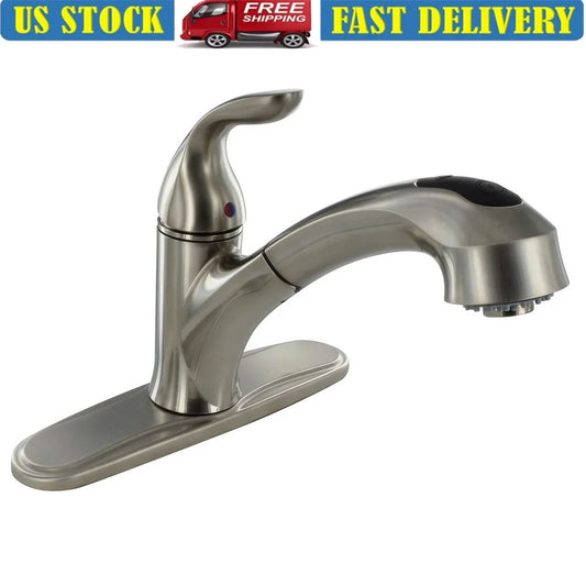 Single Handle Pull Out Kitchen Faucet Brushed Nickel 10 Inch Spout Adjustable Flow Rate 2.2 GPM Ceramic Valve 3 Hole Mount