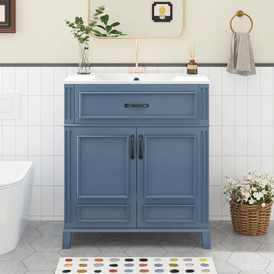 Blue 30'' Bathroom Vanity with Ceramic Sink,Solid Wood Frame Bathroom Storage Cabinet with Soft Closing Doors, Retro tyle