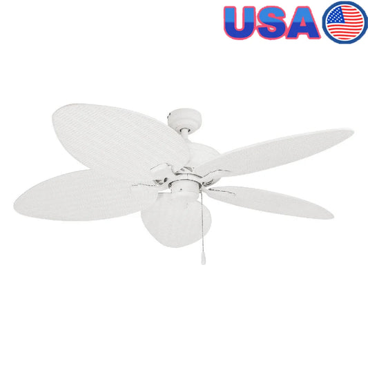 Tropical Ceiling Fan 52 Inch White Palm Leaf Blades Pull Chain Quiet Reversible Motor Indoor Outdoor Lighting Fixture