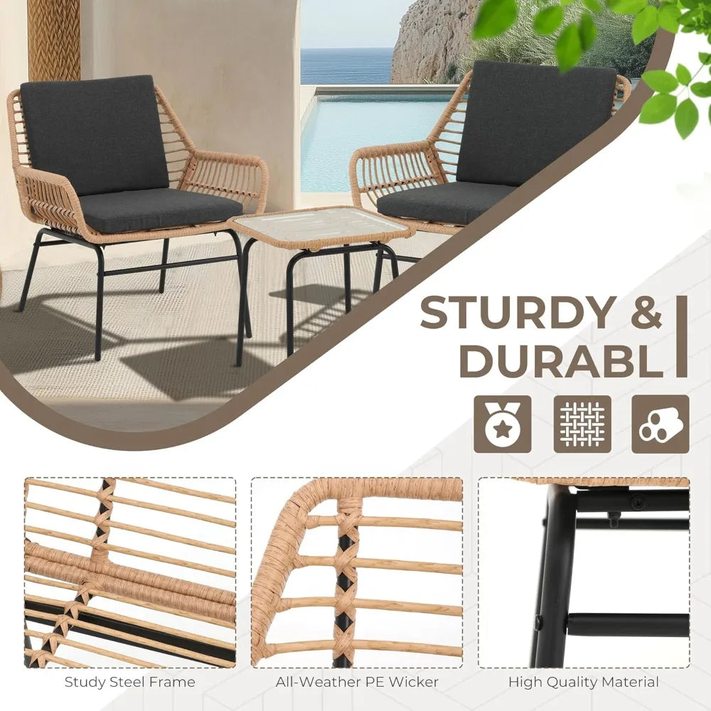 3 Piece Outdoor Patio Furniture Set, Rattan Patio Bistro Sets, All-Weather Wicker 2 Chairs with Cushions and Coffee Table