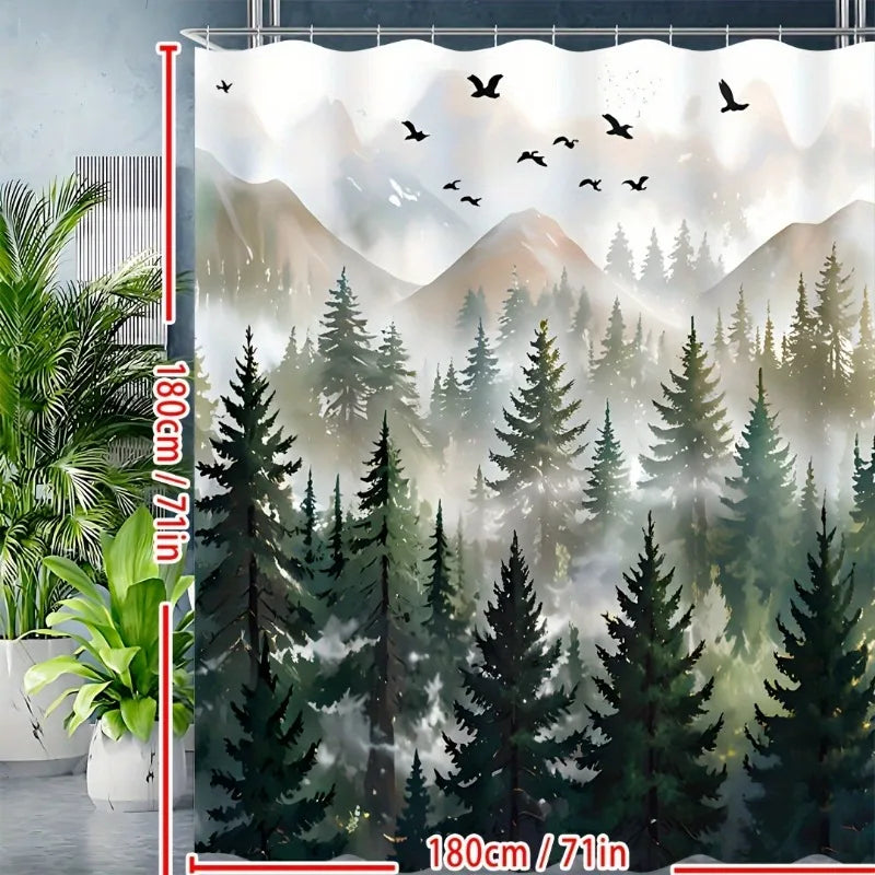 Green Misty Forest Shower Curtain Set Ombre Sage Green White Waterproof Fabric Shower Curtains