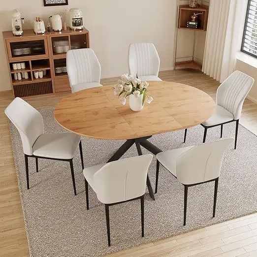 43.2"-59.1" Extendable Round Dining Table Set, Wooden Round Table for 4-6 Person, Oak Coffee Table w/Scratch-Resistant Tabletop
