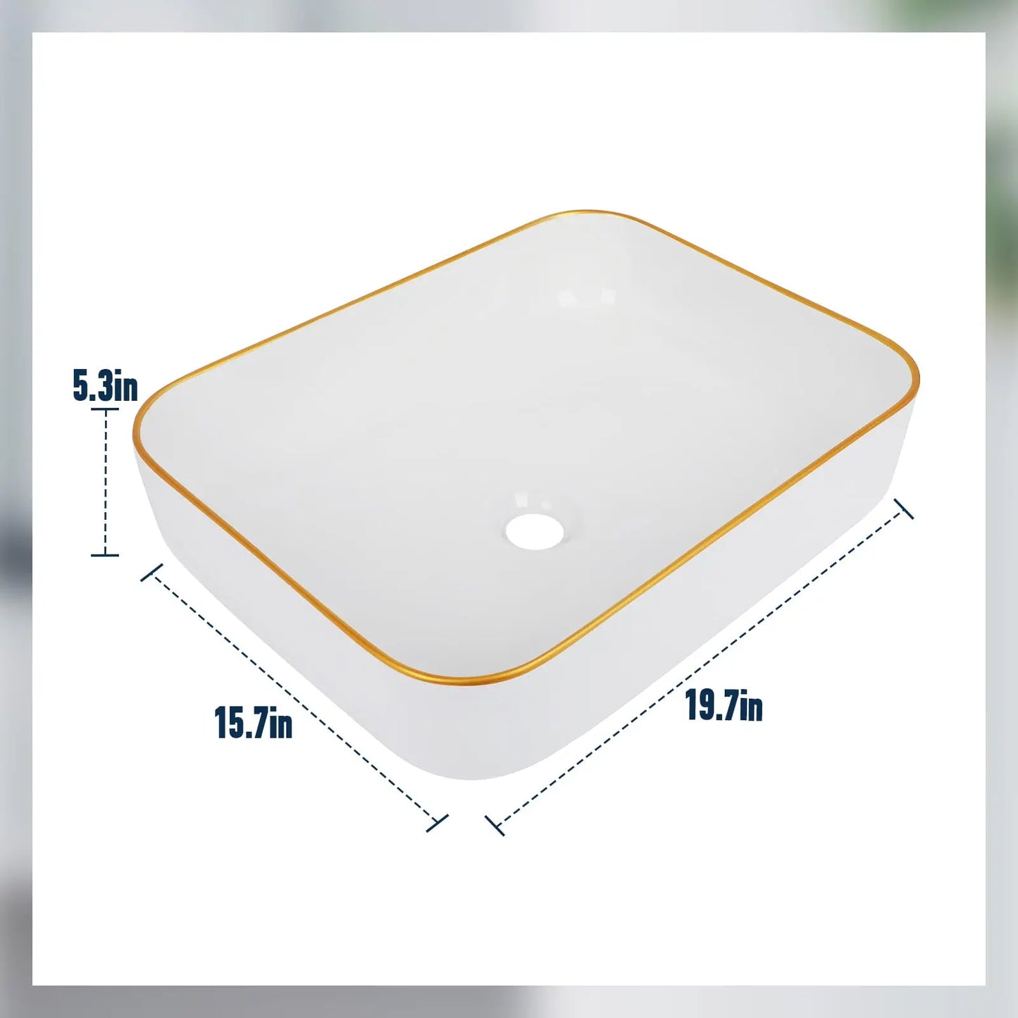 Ceramic Bathroom Sink Rectangular 20 X 16 Inch White Elegant Modern Style Gold Rim Vessel Sink Above Counter, Without Faucet