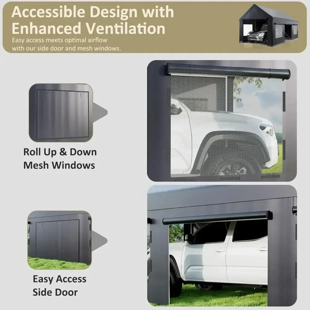 12' X 20' Heavy Duty Portable Garage, Carport Canopy with Side Door and Roll-Up Window, Carport Canopy Reinforced Four-Hole Base