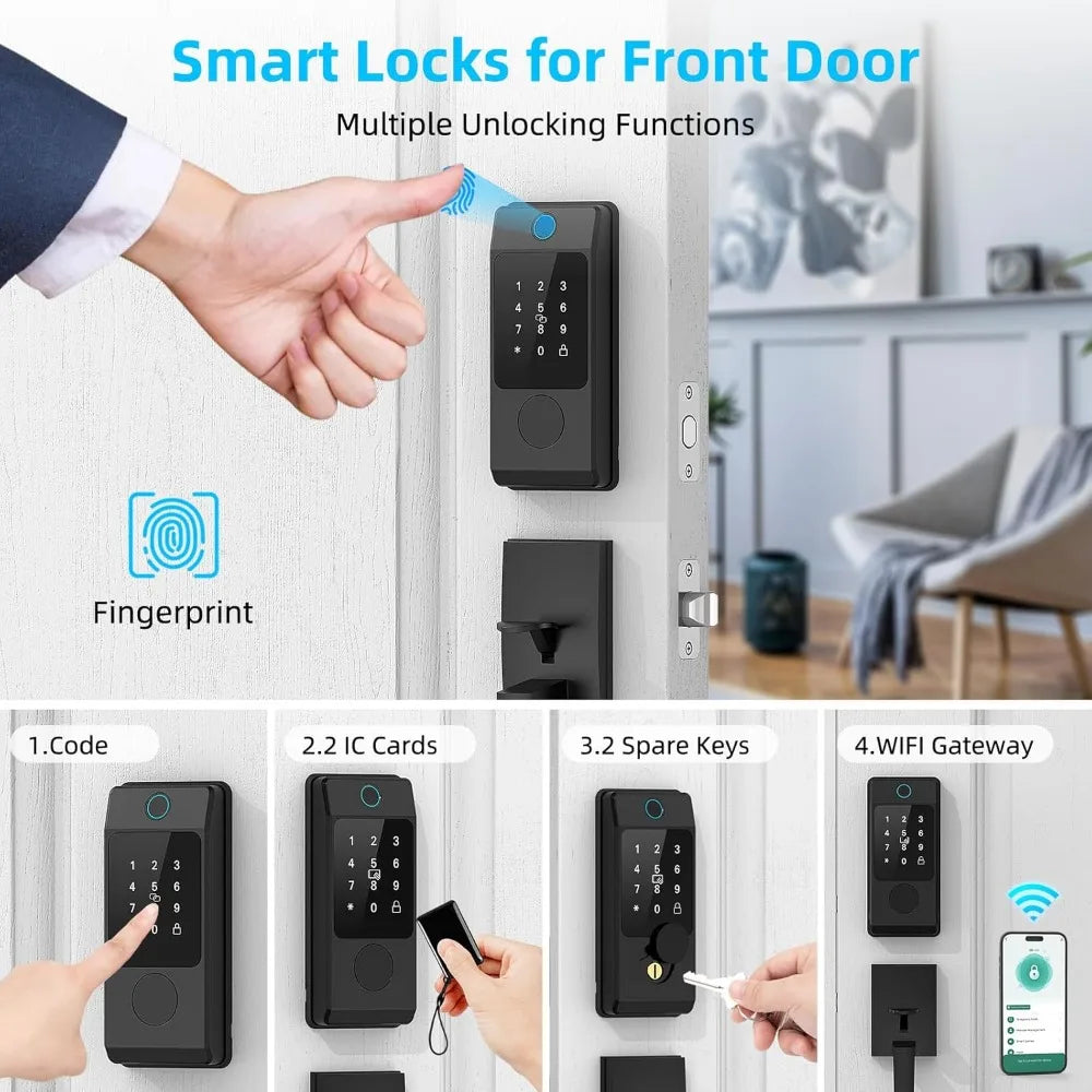 Smart Door Lock with Handle,  Keyless Entry Lock Deadbolt Handle Set, Inclued WiFi Gateway Smart Deadbolt for Front, Fingerprint