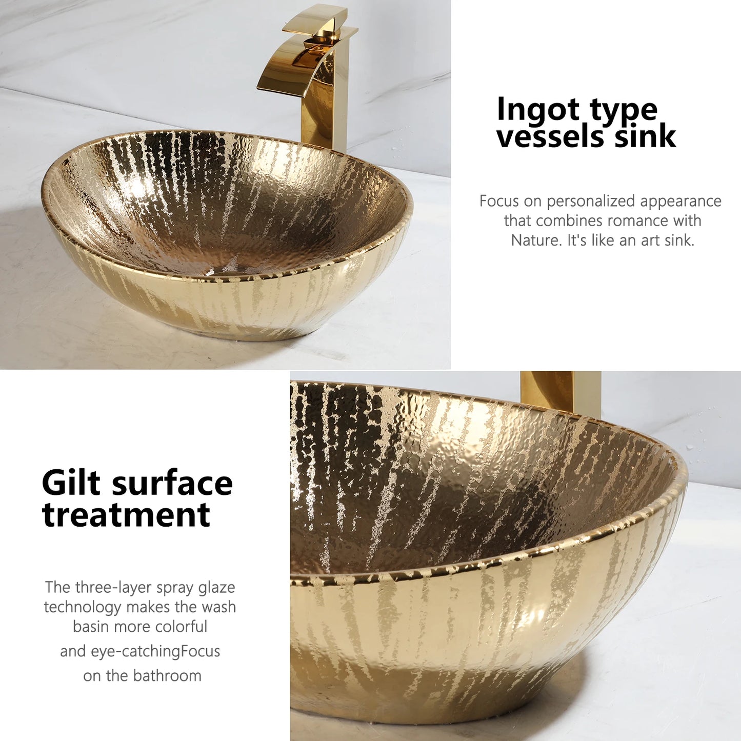 ZAPPO Gold Ceramic Bathroom Vessel Sink Oval Bathroom Sink Above Counter Vessel Sinks for Bathrooms Vintage Bowl Small Sink US