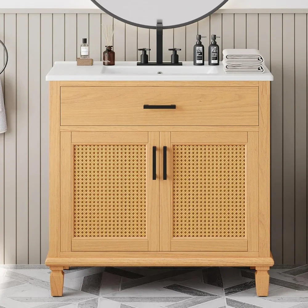 36" Bathroom Vanity with Sink, Modern Solid Wood Floor Standing Bathroom Cabinet with Ample Storage Space, Bathroom Vanities wi