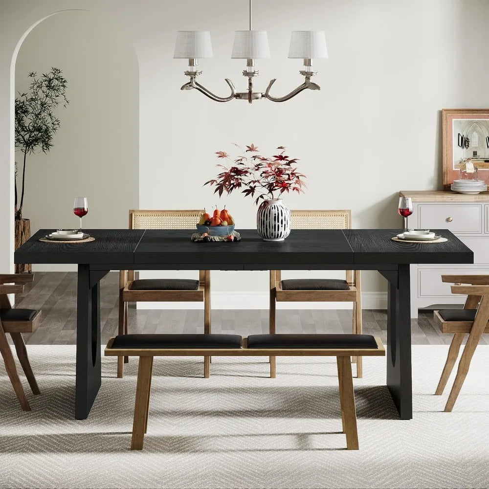 Large Dining Table for 6-8 People, 70.9-Inch Modern Kitchen Table for Dinner with Black Wooden Legs, Rectangular Kitchen Dining