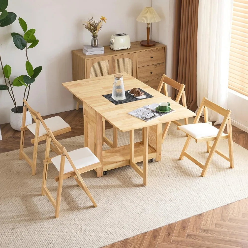 5-Piece Folding Dining Table Set, Extendable Drop Leaf Solid Wood Table with 4 Chairs, Drawers & Wheels, Space-Saving Design fo