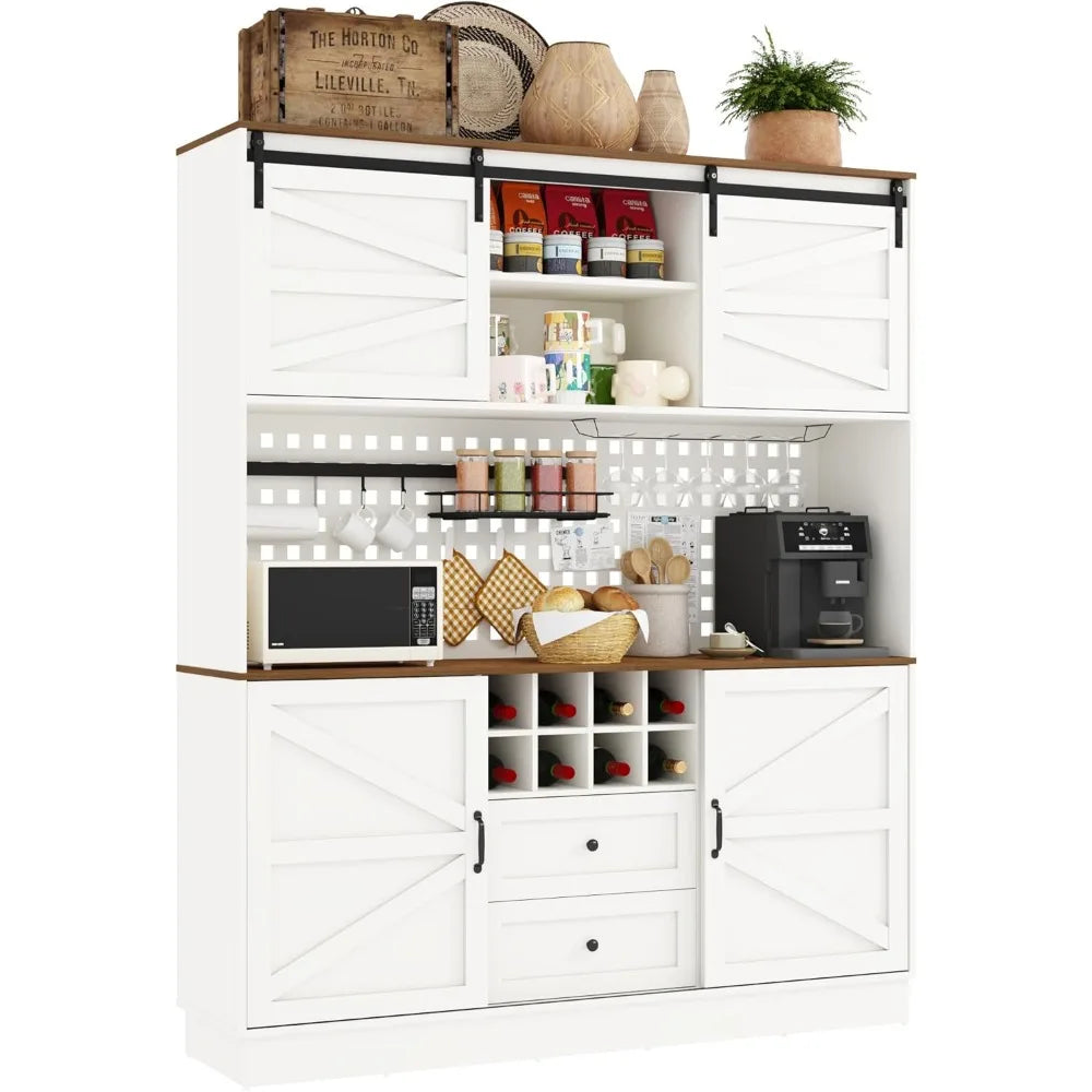 75” Kitchen Pantry Storage Cabinet, Farmhouse Kitchen Hutch Cabinet with Power Outlet,with Microwave Shelf & Wine Rack