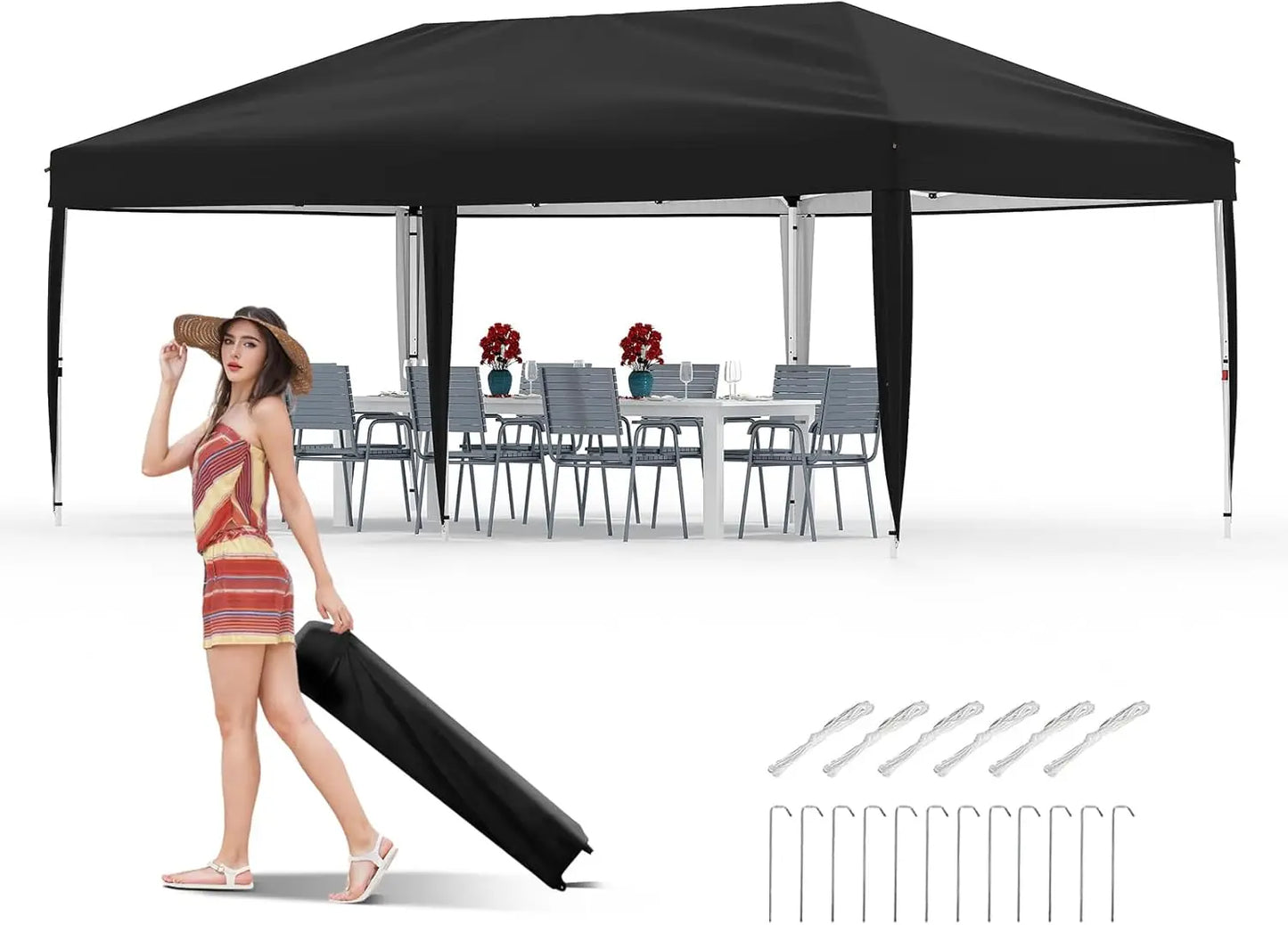 10x20FT Pop Up Canopy - Easy Up Camping Tent with One Roller Bag, 3 Adjustable Height, 4 Weight Bags for Deck Garden Beach