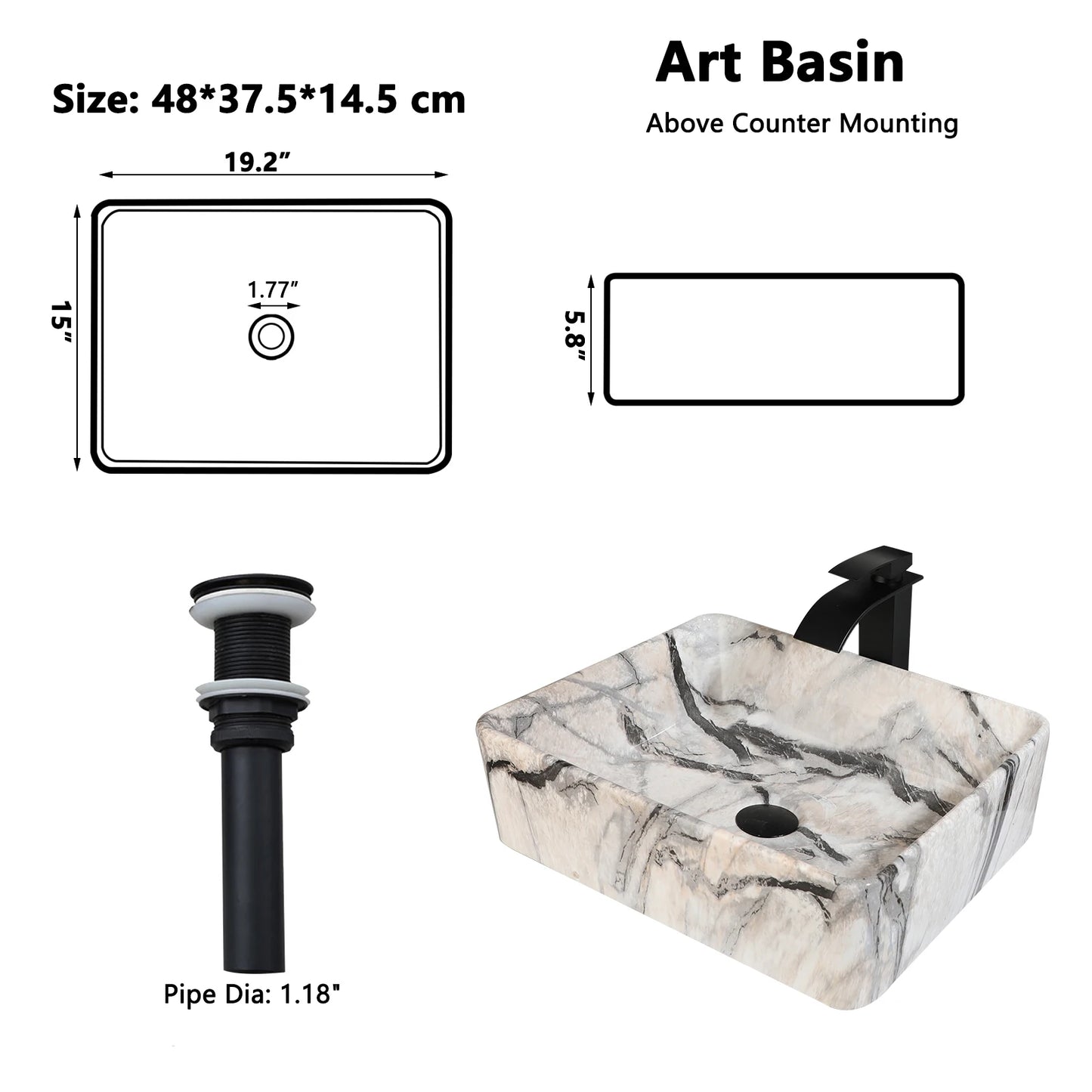 ZAPPO Bathroom Vessel Sink Ceramic Vessel Sink with Faucet Combo Rectangular Marble Vanity Sinks for Bathrooms Above Counter