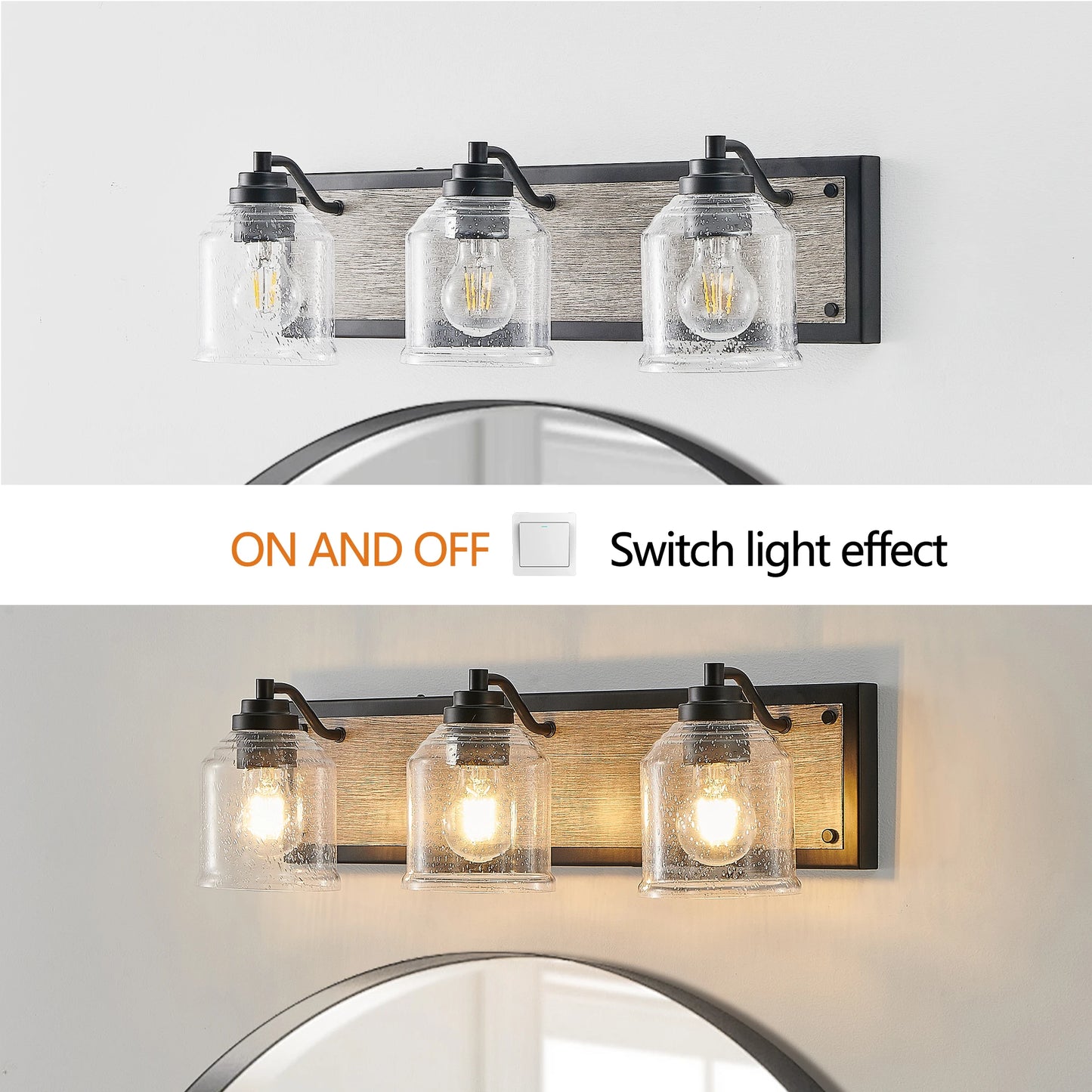23" Farmhouse Vanity Light Fixture, 3-Light Bathroom Wall Sconce with Clear Seed Glass Shades, Black and Wood Grain Finish