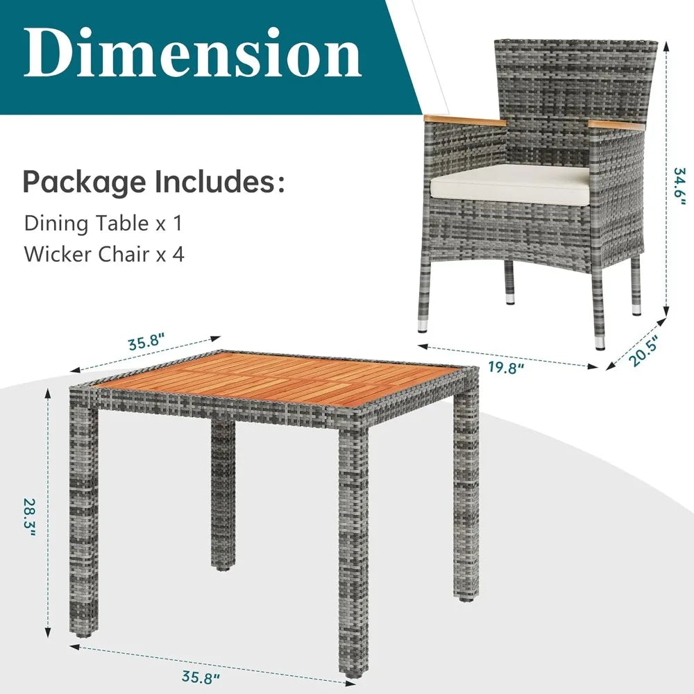 5 pieces patio dining set, wicker patio conversation set with wooden table top, outdoor table and chairs with soft cushions for