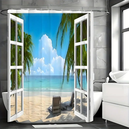 Shower Curtain, Palm Tree Decor Ocean Beach Seascape Through White Wooden Windows