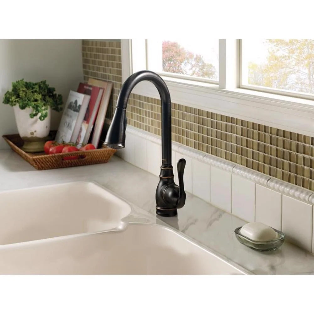 Elegant Bronze Pull-Down Kitchen Faucet Power Clean Technology Reflex System Easy Installation ADA Compliant Flexible Hose