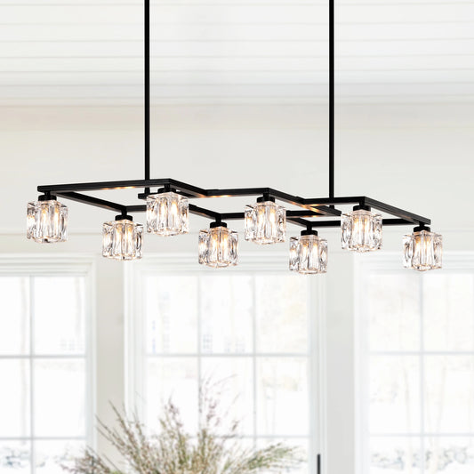 Matte Black Crystal Chandelier for Dining Room, 8-Light Kitchen Chandelier Light Fixture Modern Metal Industrial Chandeliers for