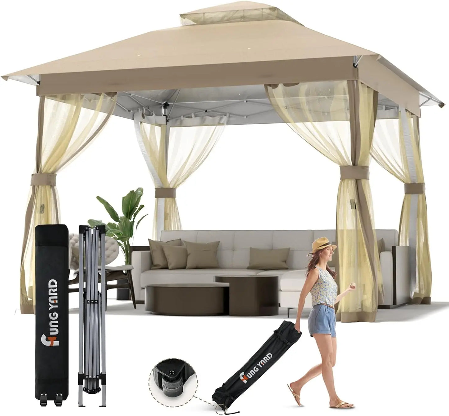 13x13 Outdoor Patio Gazebo with Mosquito Nettings - Double Roof Pop Up Canopy Tent with Wheeled Carry Bag, UV resistant Pergola