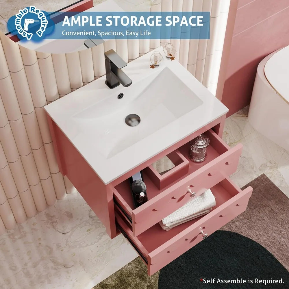 24" Floating Bathroom Vanity with Sink Combo, Modern Painted Wall-Mounted Vanities Storage Cabinet with Scalloped Decor, Underm