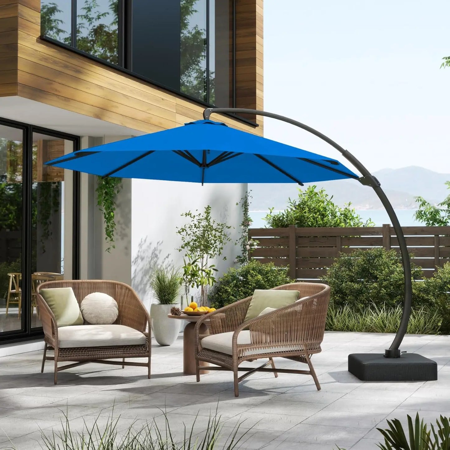 11FT Cantilever Umbrella with Base Large Curvy Outdoor Aluminum Offset Umbrella w/ 360° Rotation, UV Resistant Canopy for Patio